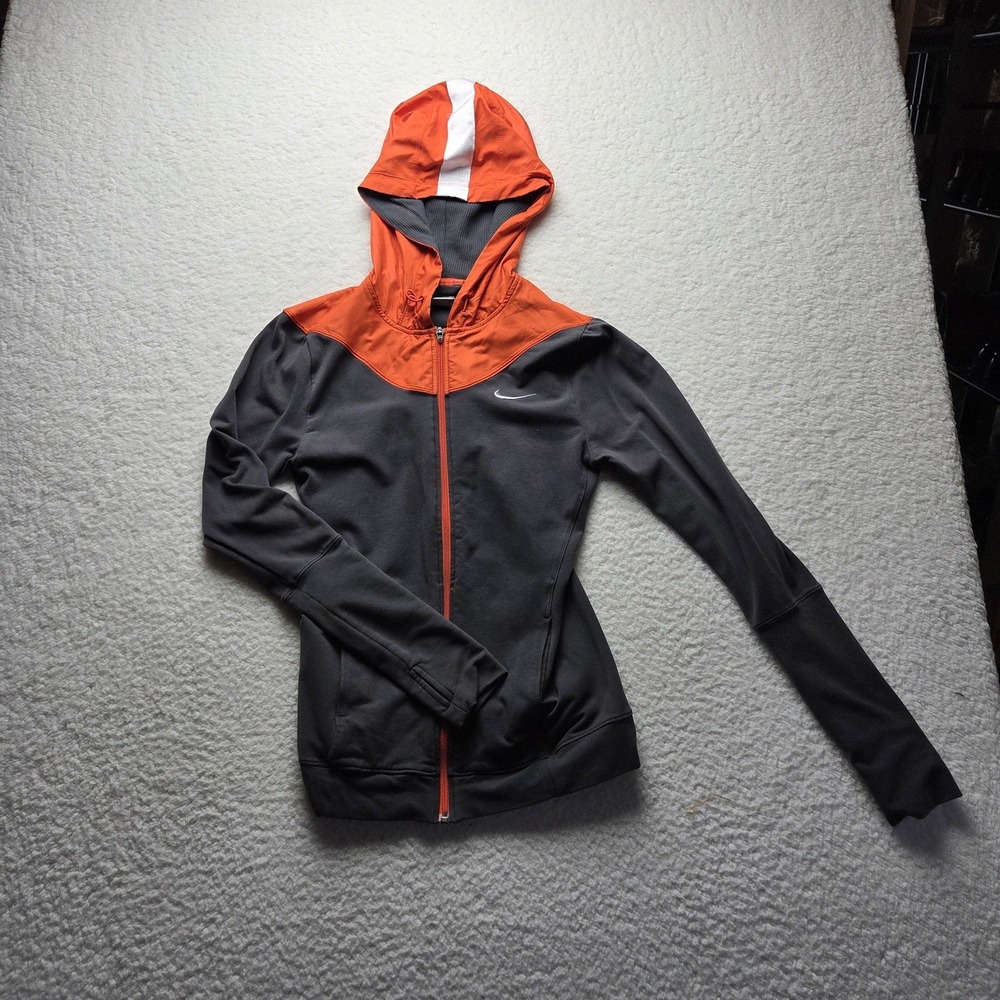 Nike Jacket Womens Small Gray Orange Hooded Full Zip Track FITDRY Running